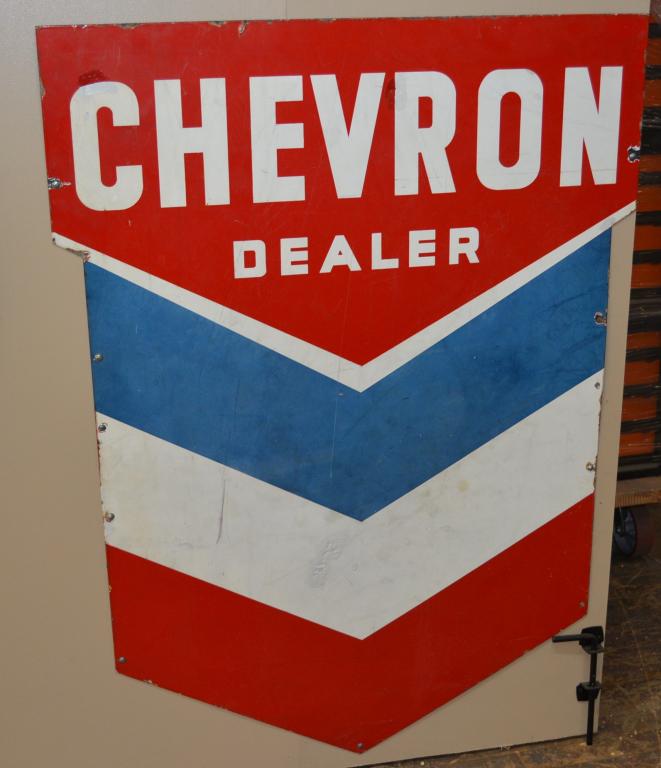 Chevron Dealer Porcelain Sign (TAC): rated 6.9, 53"x38.5", SSP diecut sign, is slightly faded, has wear, scratches and a few small touched up chips, TAC #005070