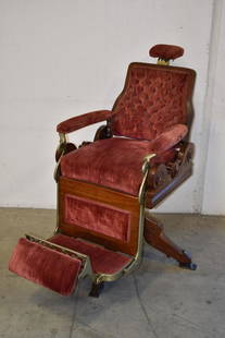 1880'S ARCHER MFG. AMERICAN OAK BARBER CHAIR: NICE RED VELVET COVERING WITH NICKEL PLATED FOOT REST--NORMAL WEAR TO FINISH