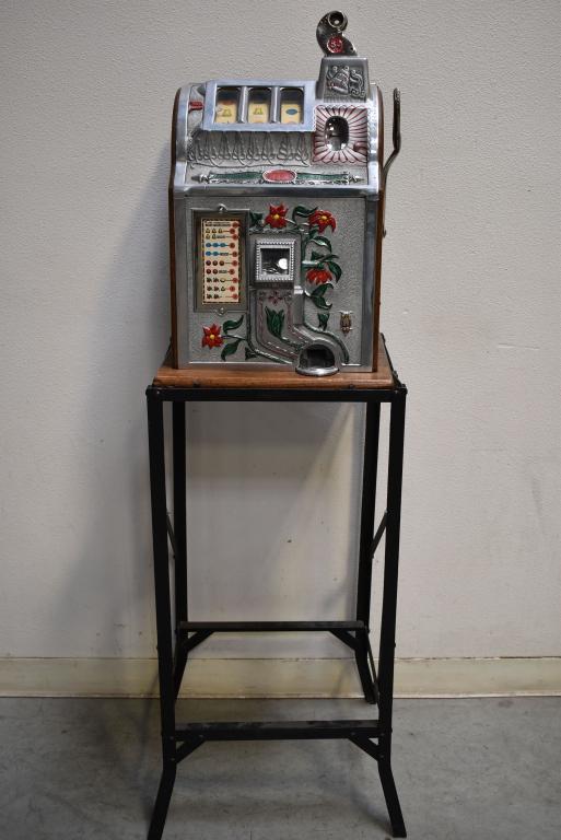 MILLS 5 CENT BELL "POINSETTIA" SLOT ON STAND (1 of 6)