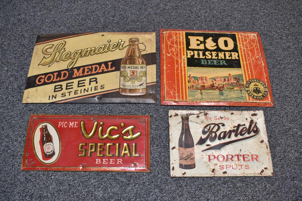 4 TIN OVER CARDBOARD BEER SIGNS (1 of 2)