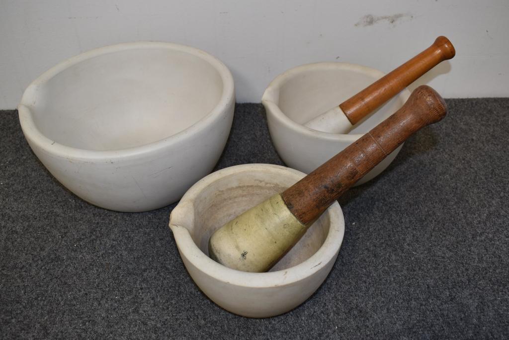 3 MORTAR & PESTLES: 11" DIAMETER IS THE BIGGEST
