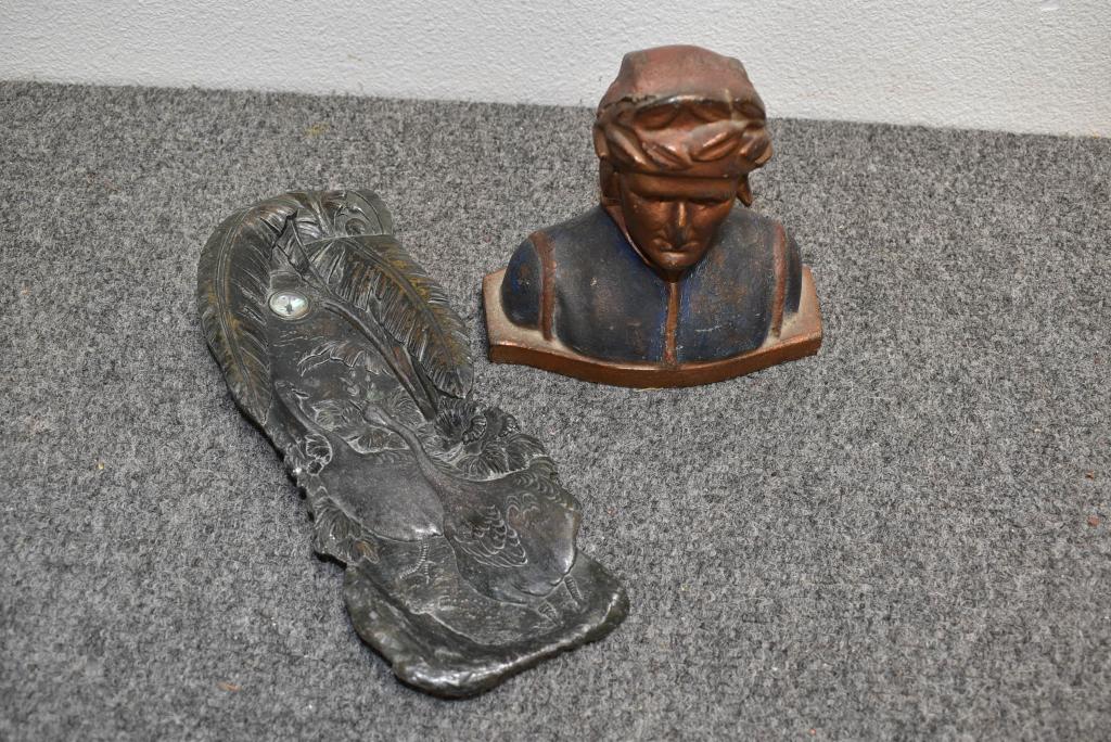 CAST IRON DANTE DOORSTOP & METAL PEN TRAY: 6" TALL IS THE DOORSTOP--TRAY HAS BIRD DECORATION & IS 10 1/4" LONG