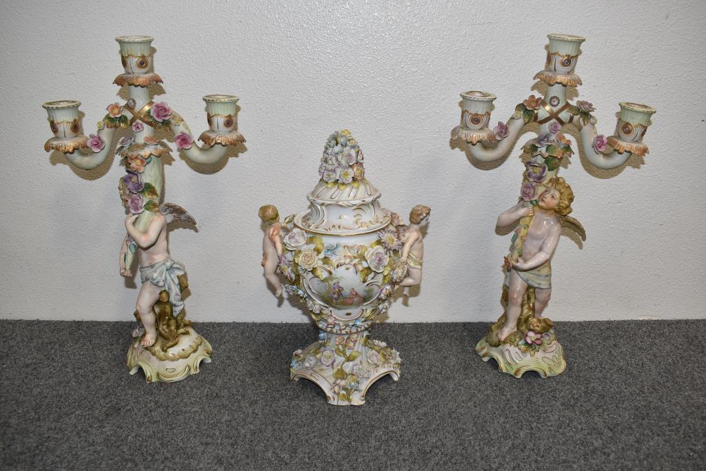 3 PC. GERMAN PORCELAIN CHERUB CONSOLE SET (1 of 2)