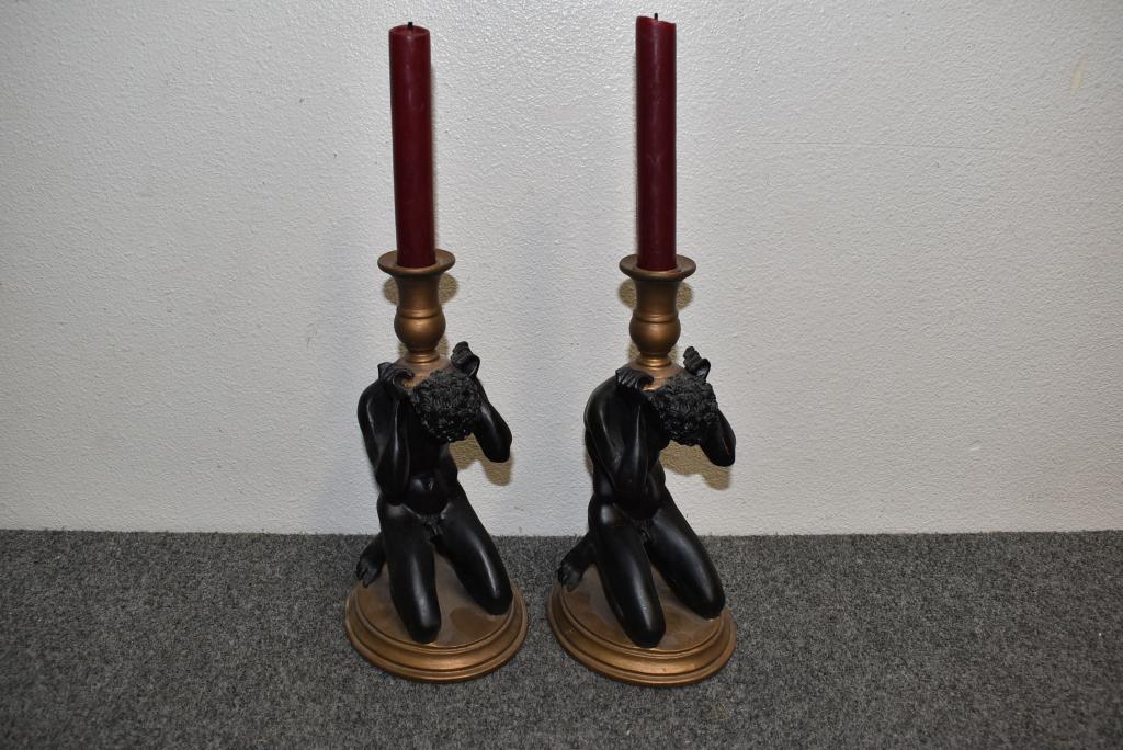 PAIR COMPOSITION MALE NUDE CANDLESTICKS: 10" TALL--LOOK TO BE MADE OF PLASTER