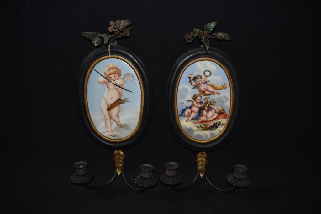 PAIR OF PORCELAIN PLAQUE WALL SCONCES (1 of 2)