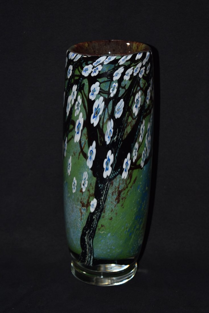 ORIENT & FLUME ART GLASS VASE: 10 3/4" TALL -- SIGNED & PAPER LABEL--FLORAL PATTERN