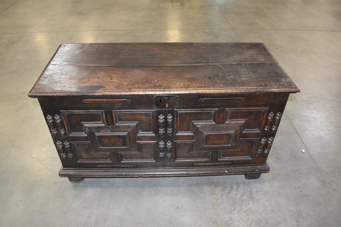 ANTIQUE SPANISH STYLE TRUNK OR COFFER: HAS WEAR TO TOP