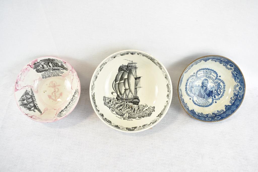 3 STAFFORDSHIRE PEARLWARE COMMEMORATIVE BOWLS: ULYSSES BOSTON, SAILORS FAREWELL, AND LORD NELSON LORD NELSON BOWL BADLY DAMAGED AND GLUED BACK TOGETHER