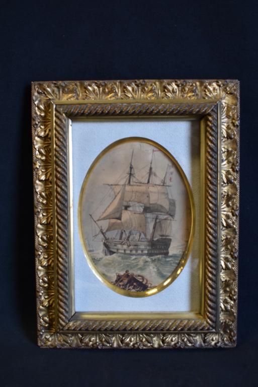 ANTIQUE WATERCOLOR ON PAPER SAILING VESSEL: IN ORNATE GESSO & GOLD GILT FRAME 7" x 5" IMAGE SIZE