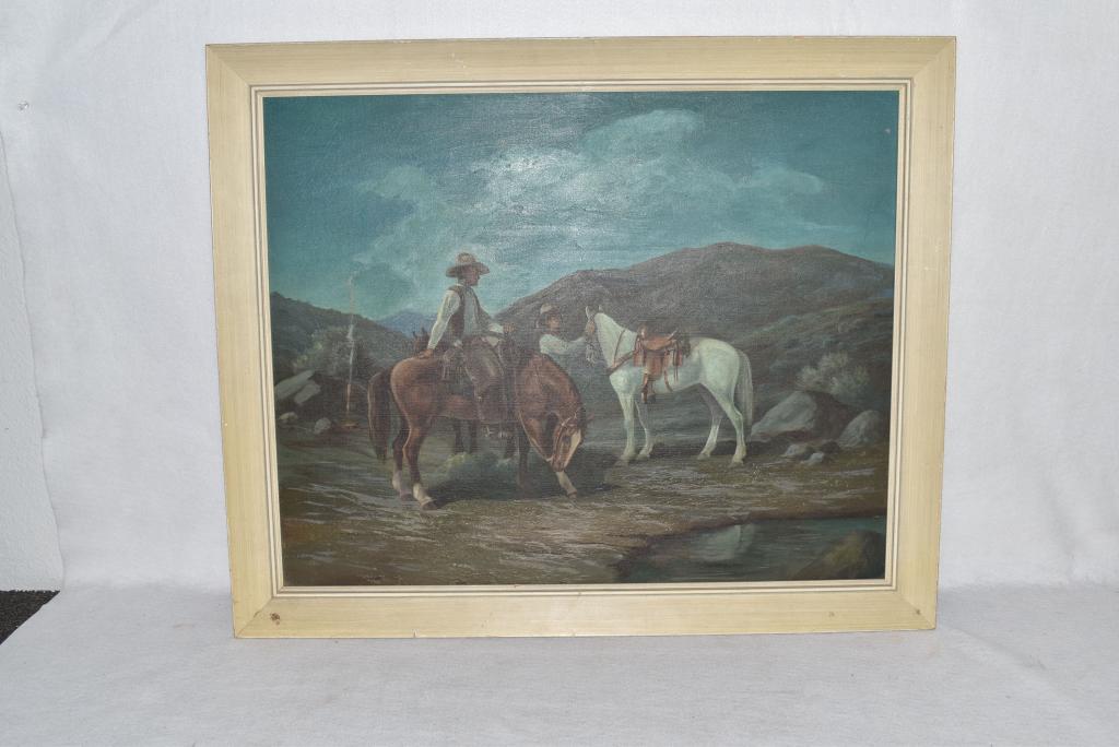 CHARLES DAMROW COWBOY OIL PAINTING: OIL ON BOARD SIGNED LOWER RIGHT -- FRAMED SIZE 34 x 28 -- SOME LIGHT SURFACE SCATCHES