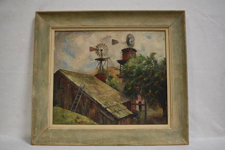 EJNAR HANSEN "WINDMILL" PAINTING": OIL ON BOARD SIGNED LOWER RIGHT --IMAGE IS 25 x 21 "FARM AND WINDMILLS" LABEL ON VERSO