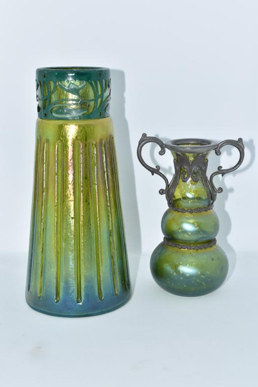 2 ART NOUVEAU LOETZ STYLE ART GLASS VASES: 2 HANDLED WITH METAL TOP IS 6" TALL IN GOOD CONDITION RIBBED VASE 8 3/4" TALL METAL TOP LOOKS TO BE REPAINTED -- NO DAMAGE