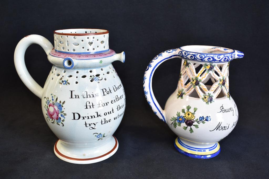 PAIR OF PEARLWARE JUGS: TALLER 8" TALL SMALL 6 1/2" TALL