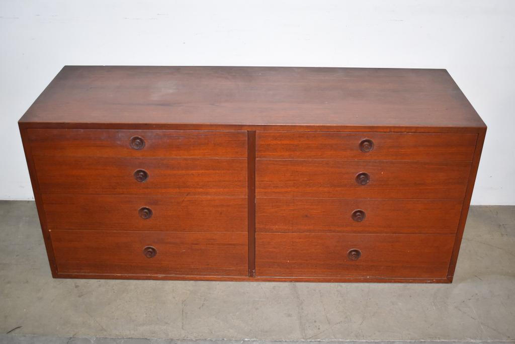 MID CENTURY SWEDISH MODERN LOWBOY: SIGNED CARL ANDERSON -- 8 DRAWER TEAK DRESSER -- SIGNED ON BACK--LIGHT OVERSPRAY OF WHITE PAINT THROUGHOUT--53"W X 18"D X 23" H