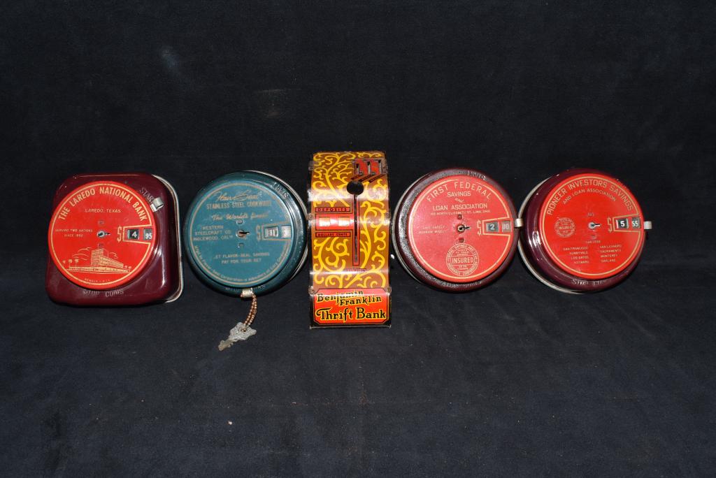 5 TIN ADVERTISING COIN BANKS (1 of 1)