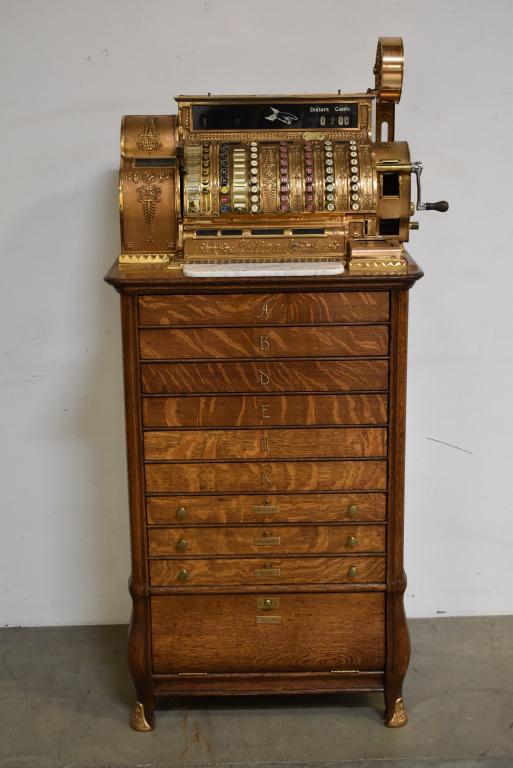 BRASS NATIONAL CASH REGISTER 542-4C W/ OAK BASE (1 of 5)