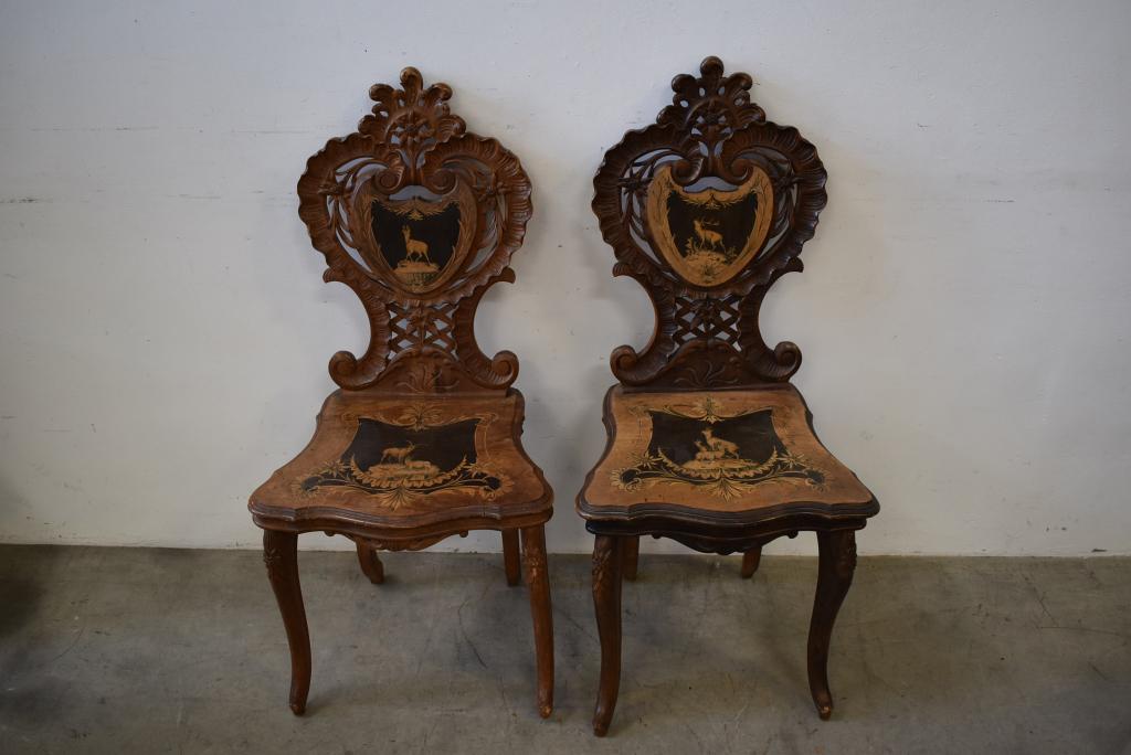 PR. INLAID BLACK FOREST CHAIRS: 1 CHAIR IS MUSICAL -- 18" x 39"