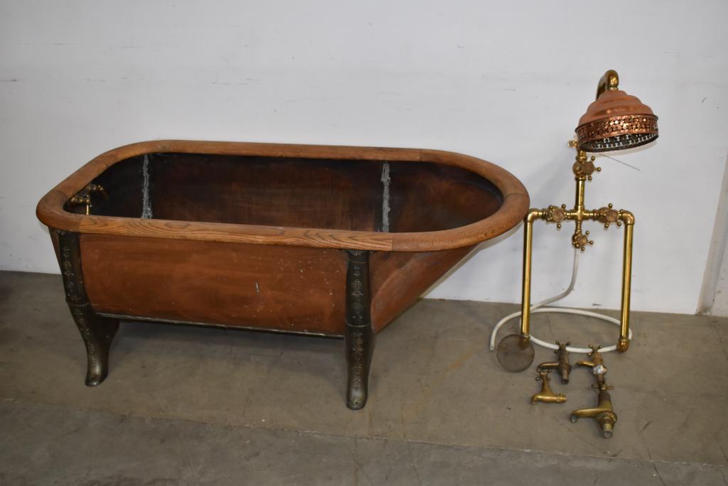 VICTORIAN COPPER BATH TUB W/ OAK TRIM (1 of 4)