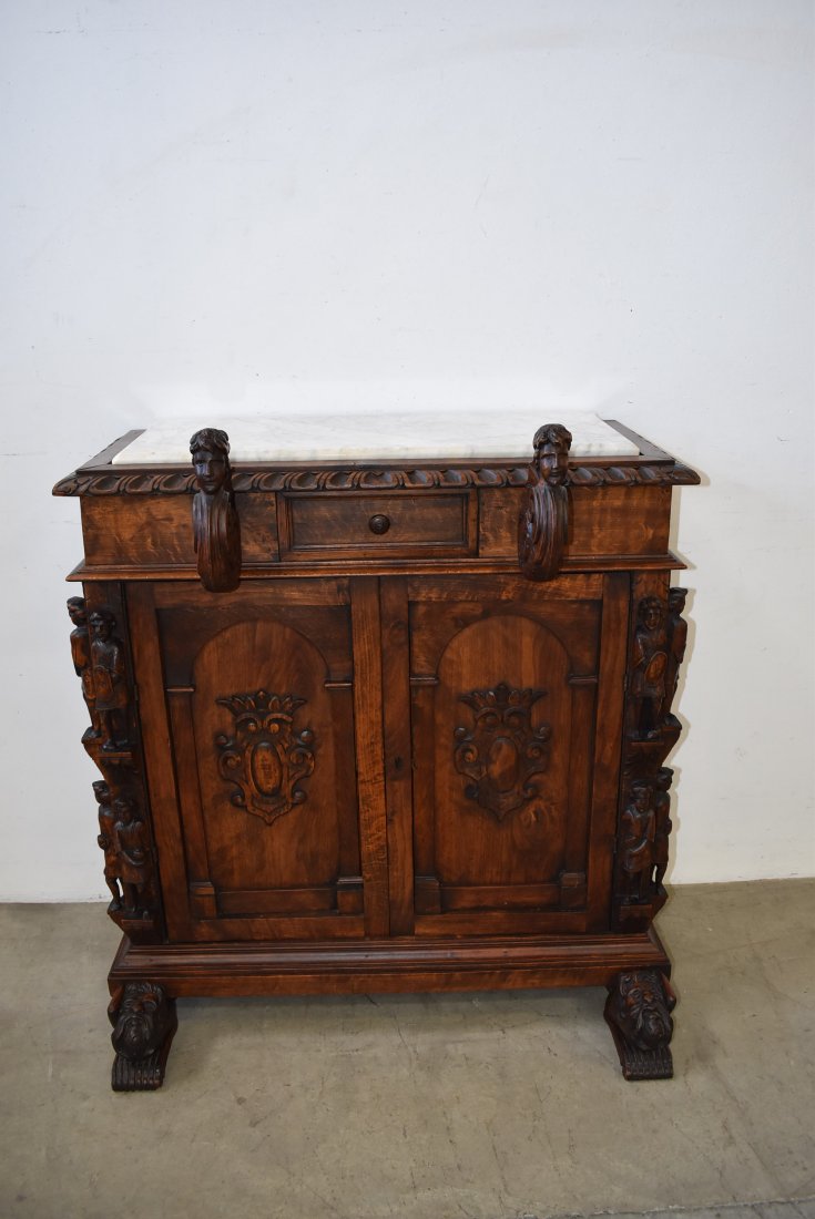 ANTIQUE CARVED FIGURAL 2 DOOR SERVER W/ MARBLE (1 of 3)