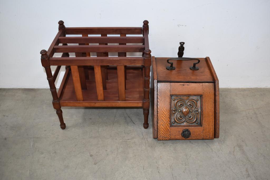 ANT. OAK COAL SCUTTLE & MAGAZINE RACK (1 of 4)