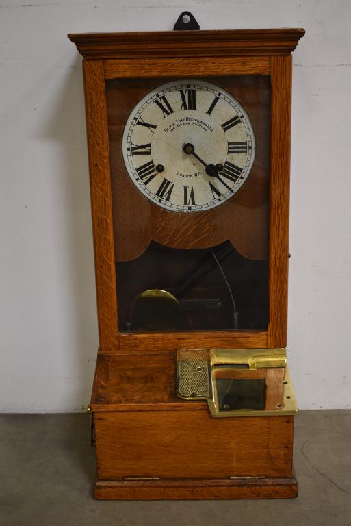 ANTIQUE OAK TIME CLOCK (1 of 3)