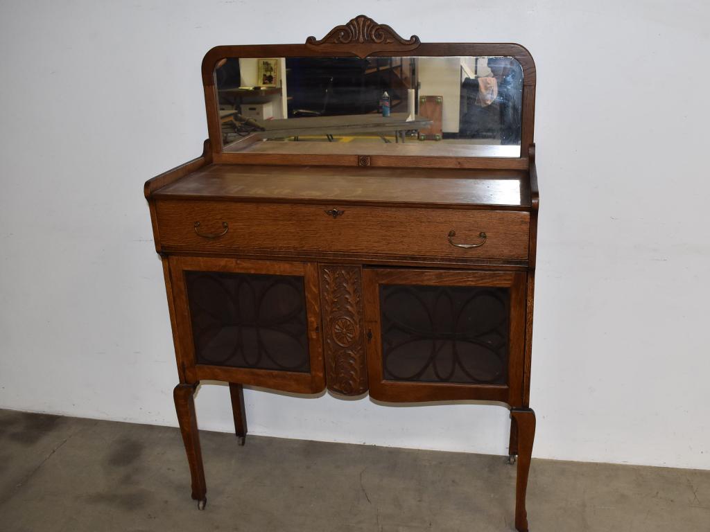 1900S AM. OAK CHINA BUFFET W/ MIRRORED BACK (1 of 2)