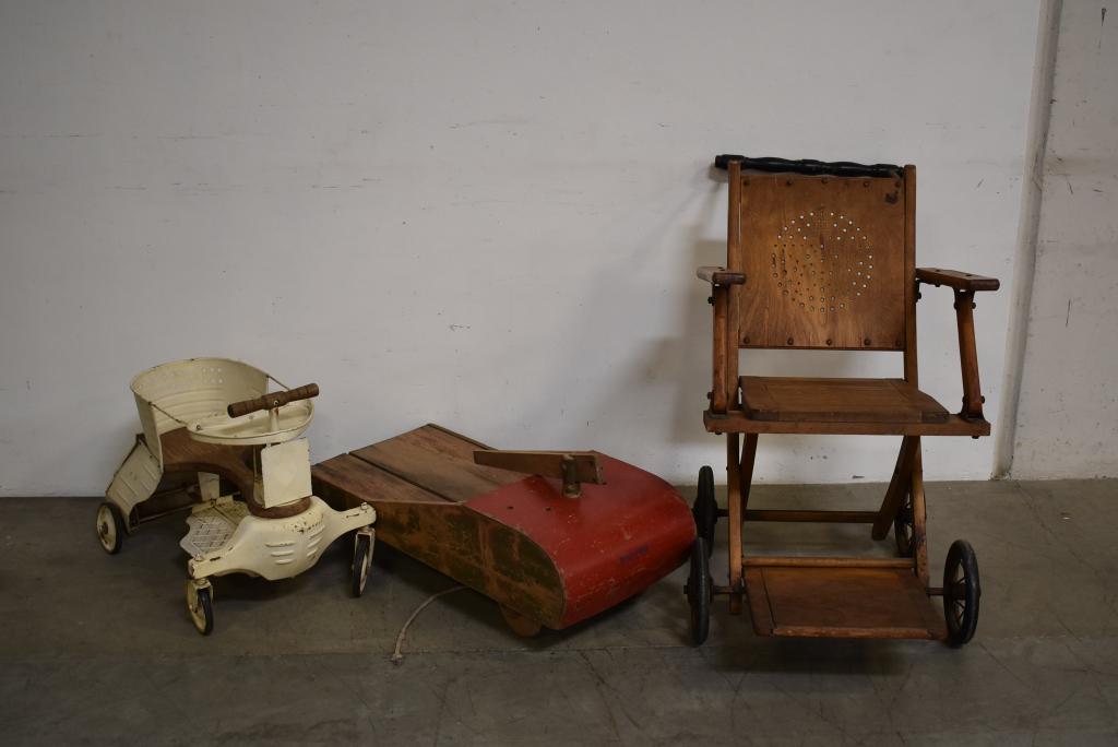 3 VINTAGE KIDS RIDING TOYS: BABY STROLLER -- RED PULL CART -- FOLDING CHAIR