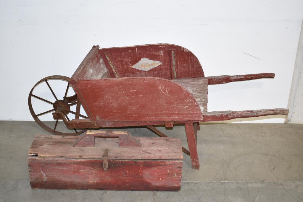 PRIMITIVE RED WHEELBARROW W/ RED TOOL CHEST (1 of 1)