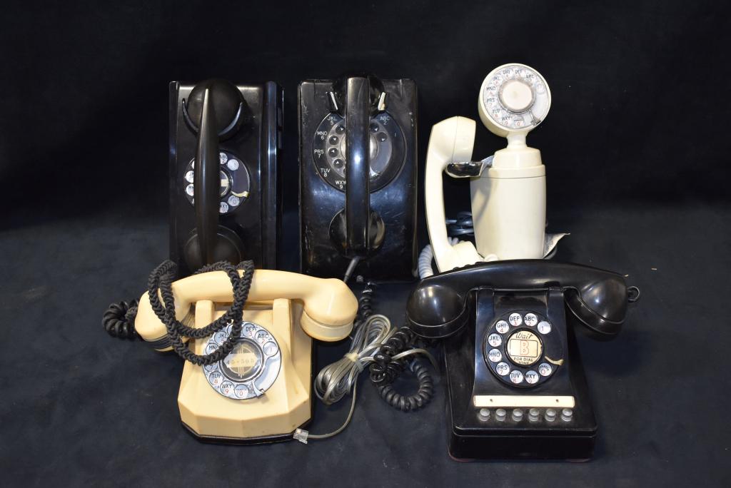 5 VINTAGE PHONES: ROTARY DIAL WALL PHONES -- TABLE PHONES