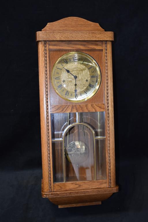 MODERN GERMAN OAK WALL CLOCK W/ TOOLED BRASS (1 of 3)