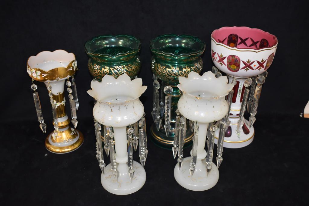 GROUPING OF 6 MANTLE LUSTERS: SOME PRISMS MISSING & WEAR TO PAINT--SINGLE BOHEMIAN PINK & WHITE ONE HAS A CHIP