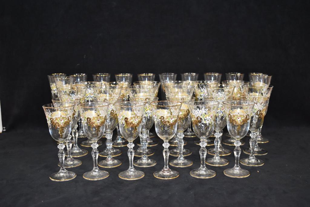 36 VENETIAN GOBLETS: HAND PAINTED FLORAL DESIGN -- 12 7" GOBLETS -- 12 8 1/2" CHAMPAGNES -- 12 7 3/4" WINE GLASSES