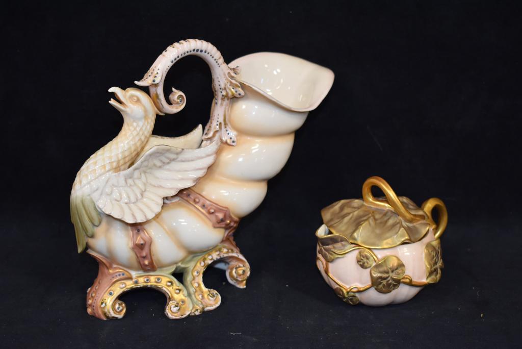 ROYAL WORCESTER CORNUCOPIA VASE & CREAMER: GOOD CONDITION