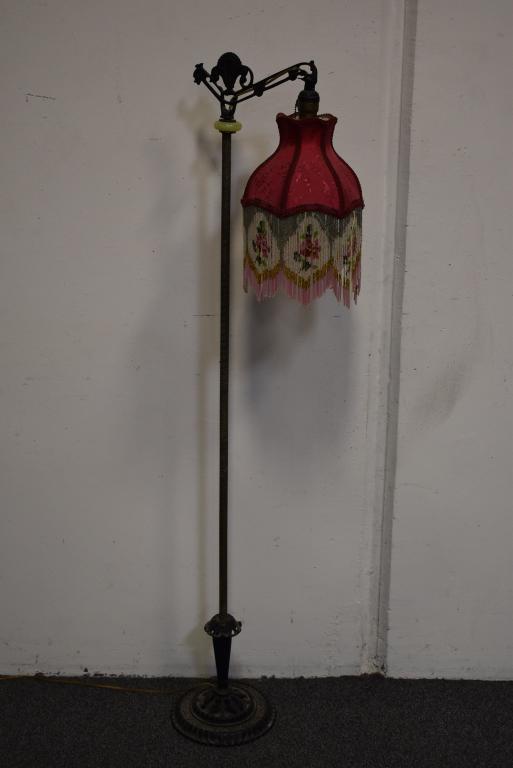 FLOOR LAMP WITH BEADED SILK SHADE: SOME BEADS MISSING -- 75" TALL