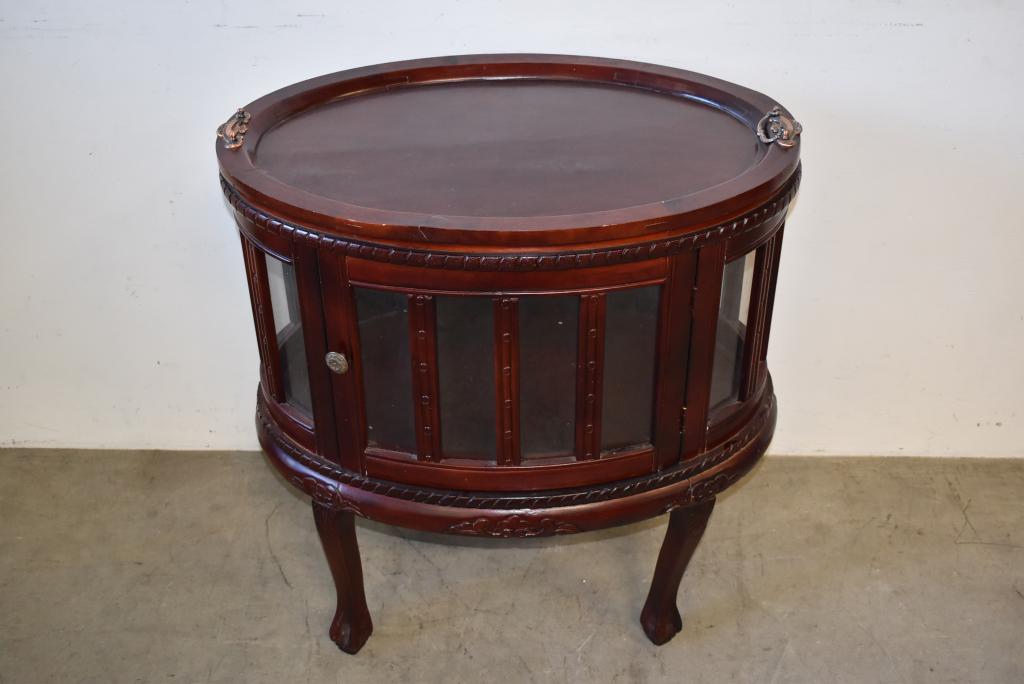 MAHOGANY REPRODUCTION TEA CABINET W/ TRAY TOP: MISSING HANDLE -- 28 1/2" TALL