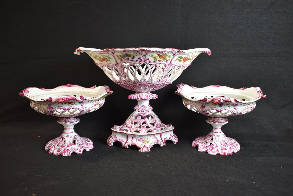 3 PC. ITALIAN PORCELAIN RETICULATED GARNITURE SET: CENTER PIECE IS 12 1/2" TALL X 17" WIDE--SIDE PIECES ARE 12" DIAMETER X 8" TALL--HAND PAINTED FLORAL PATTERN--GOOD CONDITION