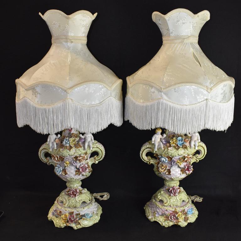 PAIR CAPODIMONTE PORCELAIN LAMPS W/ CHERUBS: 42" TALL INCLUDING SHADES--1 SHADE ASIS INSIDE