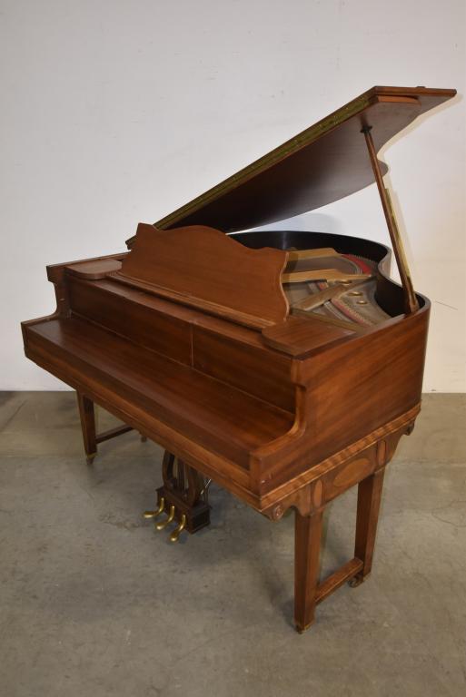 AEOLIAN DUO-ART PLAYER BABY GRAND PIANO: HAS OVER 100 ROLLS--PIANO PLAYS--WE DO NOT GUARANTEE WORKING ORDER OF PLAYER MECHANISM--HINGES HAVE NO SCREWS AND ARE A LITTLE LOOSE