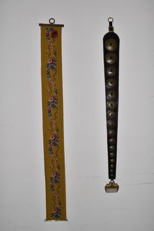 NEEDLEPOINT BELL PULL & BELT W/ BRASS HORSE COMB: 66" L x 7" w BELL PULL -- 56 1/2" L x 5 1/2" W BELT