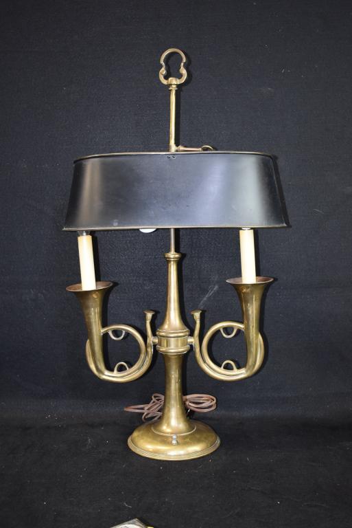 CHAPMAN FRENCH HORN BOUILLOTTE TABLE LAMP: W/ BLACK TOLE LAMPSHADE