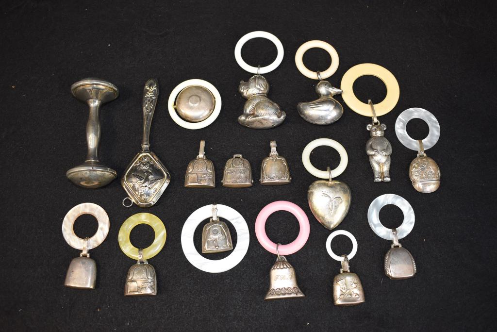LOT OF 17 VICTORIAN TEETHING RINGS & RATTLES: MOST ARE MARKED STERLING--12 TEETHERS, 3 WITHOUT RINGS, 2 RATTLES