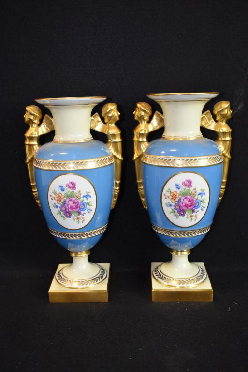 PAIR LENOX PORCELAIN URNS W/ ANGEL HANDLES: 12" TALL--GOOD CONDITION--FLORAL DECORATION--SIGNED ON BOTTOM