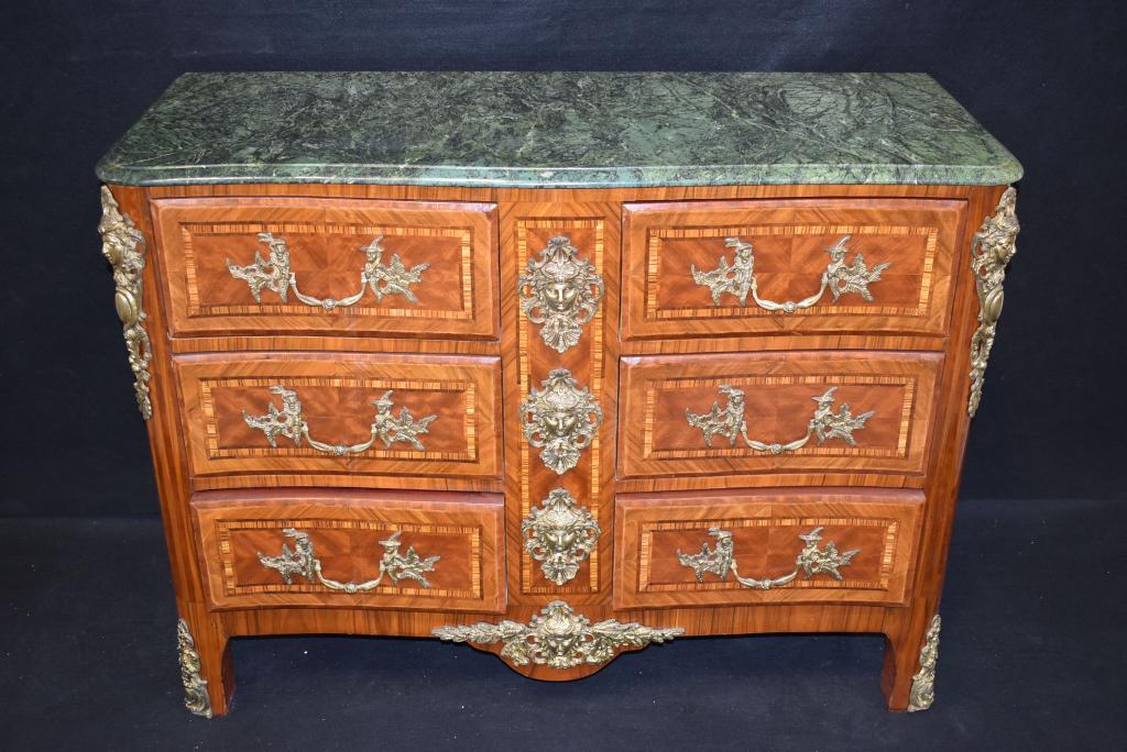 INLAID FRENCH STYLE MARBLE TOP CHEST: 48" WIDE X 19 1/2" DEEP X 36" TALL--NICE BRONZE ORMOLU