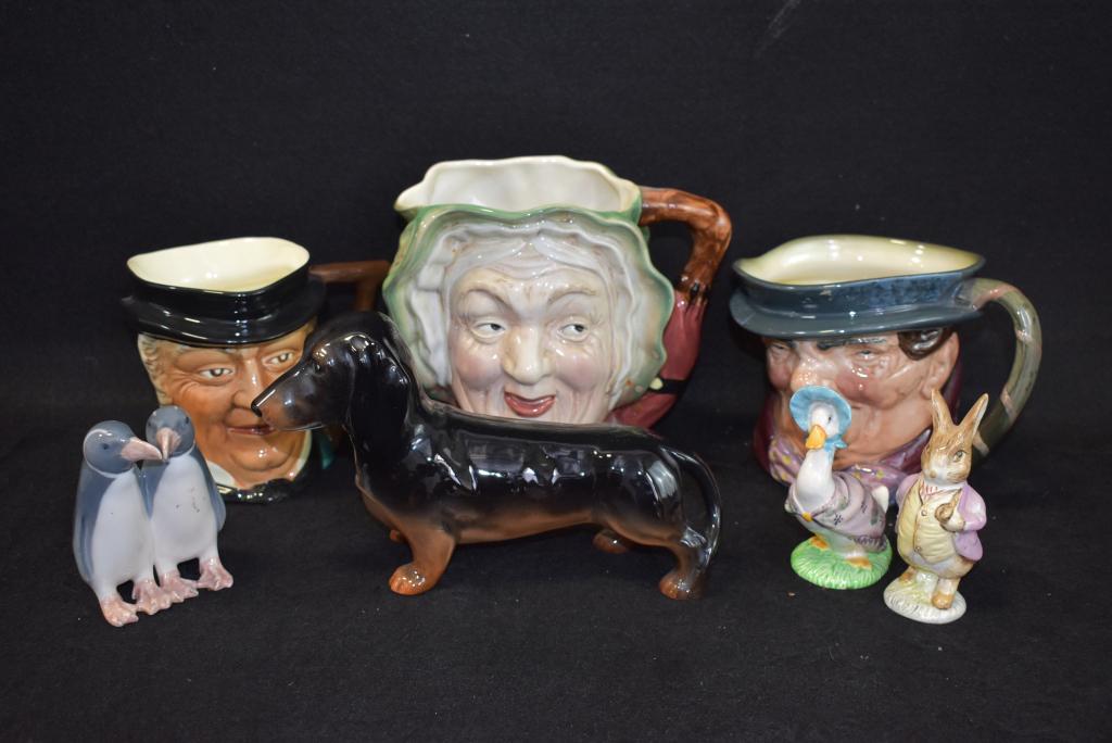 LOT OF 7 MISC. PORCELAIN FIGURES & TOBY JUGS: BESWICK, ROYAL DOULTON, ROYAL COPENHAGEN