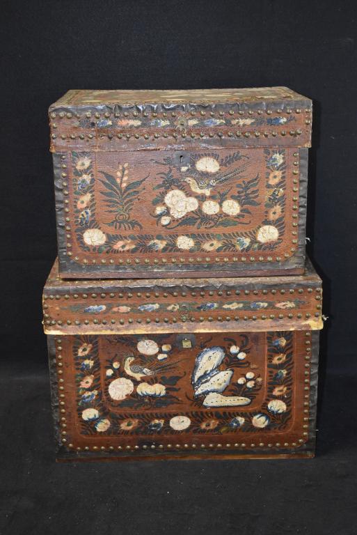 2 CHINESE CAMPHOR TRUNKS: W/ HAND PAINTED LEATHER & BRASS ACCENTS -- 18" x 13" x 13 1/2" -- 16" x 11" x 11 1/2" -- SMALLER TRUNK HAS BROKEN HARDWARE & MISSING KEY