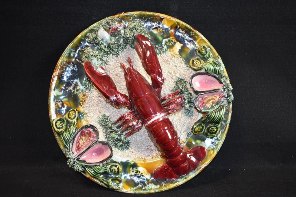 MAJOLICA PALISSY STYLE LOBSTER PLATE: 13" DIAMETER--GOOD CONDITION