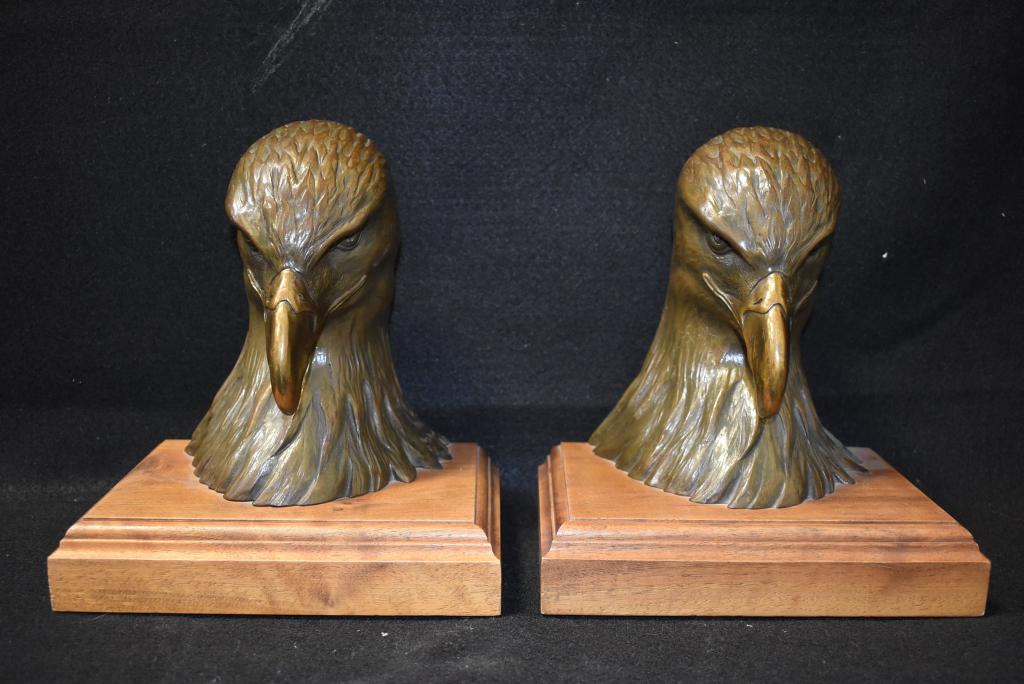 PAIR BRONZE EAGLE BOOKENDS ON WOOD BASES: 8 1/2" TALL--SIGNED GARY MOON 7/200--DATED 1986