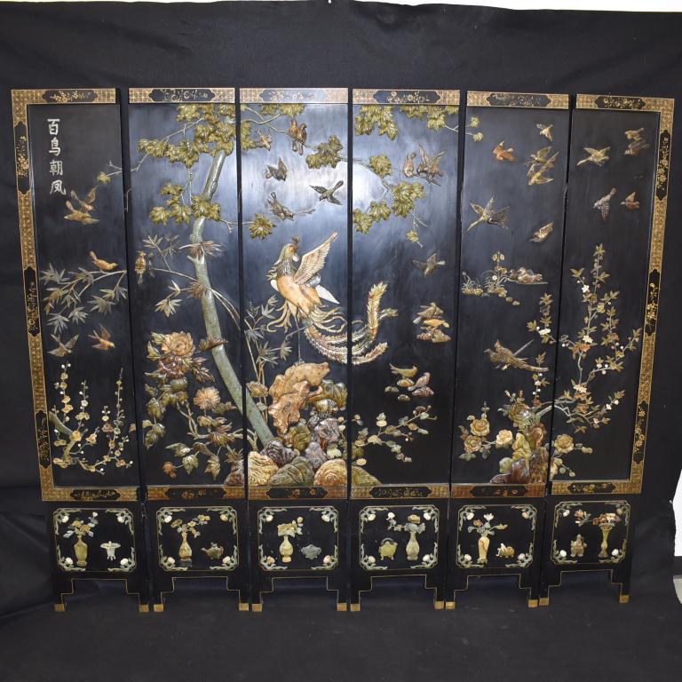 LRG. 6 PANEL CHINESE LACQUERED SCREEN W/ SOAPSTONE: 88" WIDE X 74 3/4" TALL--APPLIED SOAPSTONE CARVING IN THE SHAPES OF BIRDS, TREES, VASES, & POTS--SEEMS TO BE SIGNED IN THE TOP LEFT HAND CORNER--ALL IN GOOD CONDITION