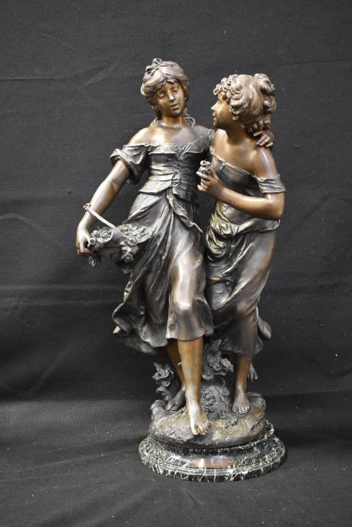 AFTER AUGUSTE LOUIS MOREAU "AMITIE" BRONZE: 30" TALL--SOME WEAR TO PATINA--NOT CONNECTED TO MARBLE BASE