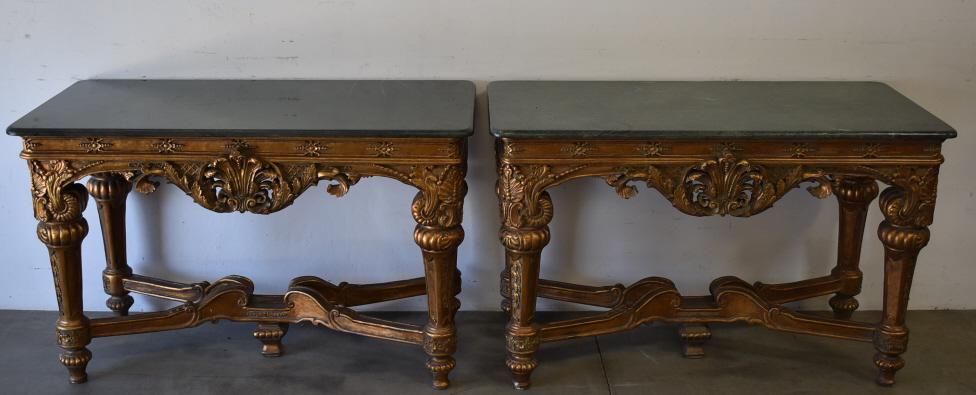 PAIR FRENCH MARBLE TOP GOLD GILT CONSOLE TABLES: 47" WIDE X 23 1/2" DEEP X 30" TALL--CRACK TO ONE STRETCHER
